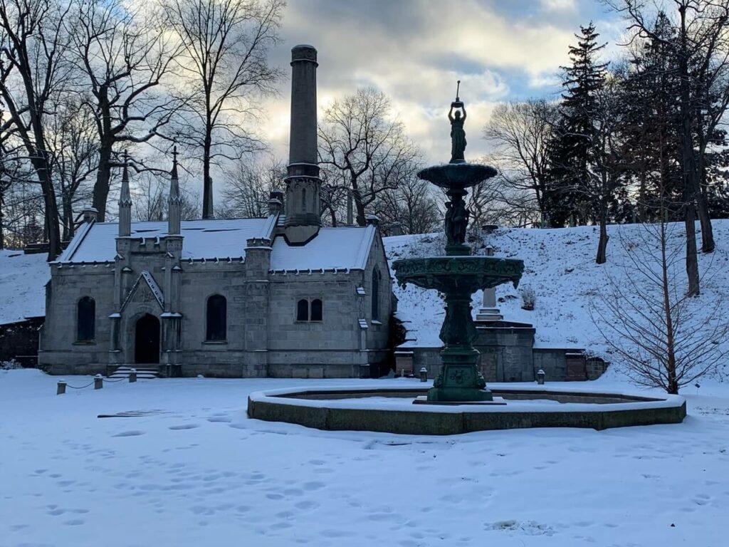 Chapel and Fountain Winter Mount Hope Cemetery